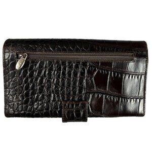 Vintage FURLA Italian Leather Wallet Brown Faux Alligator Zip Clutch Organizer